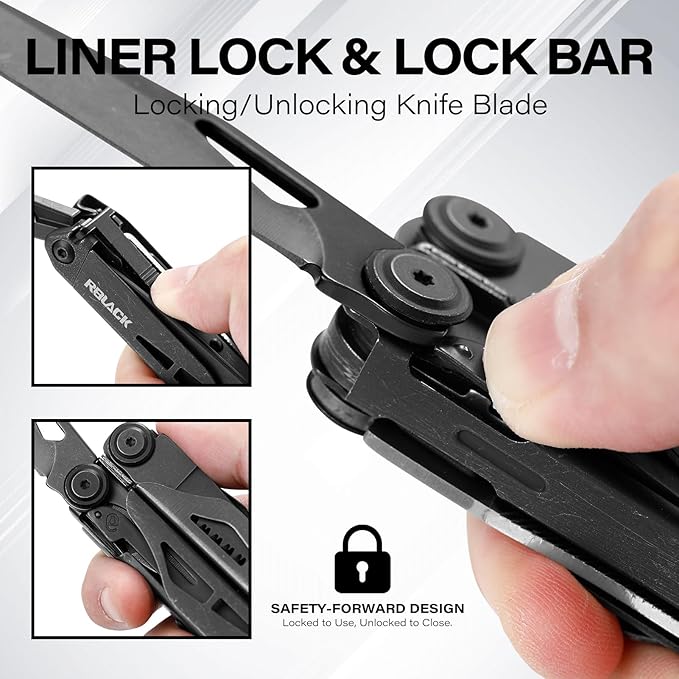 RBLACK Longeron21 Multitool, 21-in-1 Multi Tool Pliers with Safety Locking and Spring-Action Scissors, Heavy-duty Stainless Steel Multi-tool Set for Work, Home, Garden, DIY & Auto, Black
