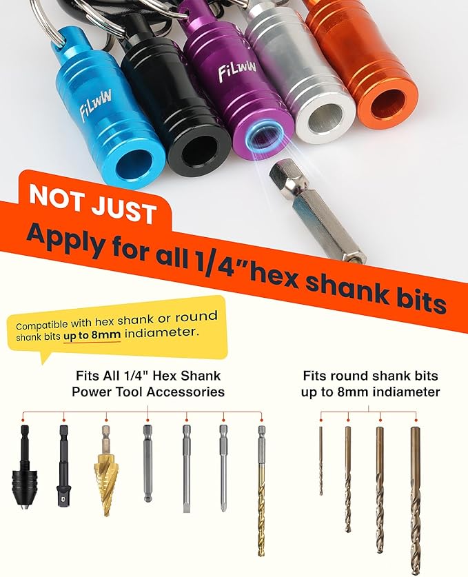 Magnetic Bit Holder Key Chain 5Pcs, Quick Release Aluminum Alloy Bit Holder For Nut Driver, Screwdriver, 1/4" Hex Shank & Round Shank Drill Bits, Christmas Gift for Men