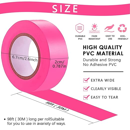5 Pack Pink Flagging Tape, Non-Adhesive Plastic Ribbon Neon Marking Roll, 0.78"*500ft, Marking Tape for Tree Marking, Hunting, Boundaries and Hazardous Areas,Trail Marking
