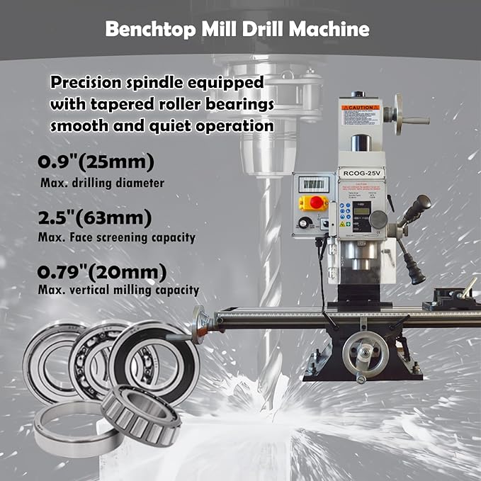 TECHTONGDA High-Precision Mini Milling Machine MT3 with Brushless Motor and Digital Readout Benchtop Mill/Drill for Fine Metal & Wood Processing 1100W Power Infinitely Variable-Speed (50-2250rpm)