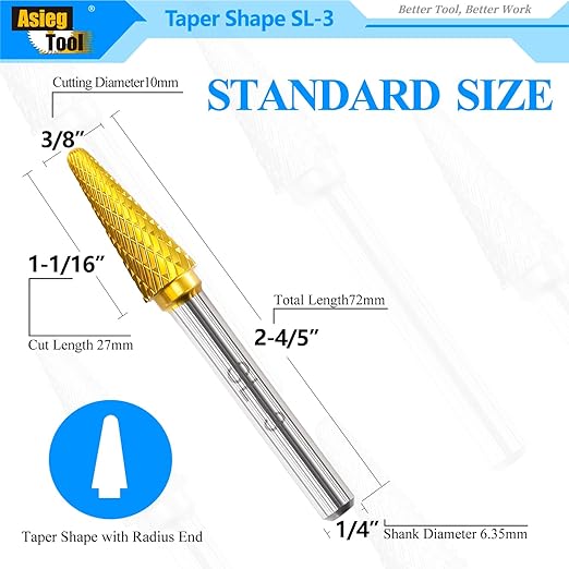 SL-3 5pcs Tungsten Carbide Burr TiN Rotary File Taper Shape with Radius End Double Cut with 1/4" Shank for Die Grinder Drill Bit