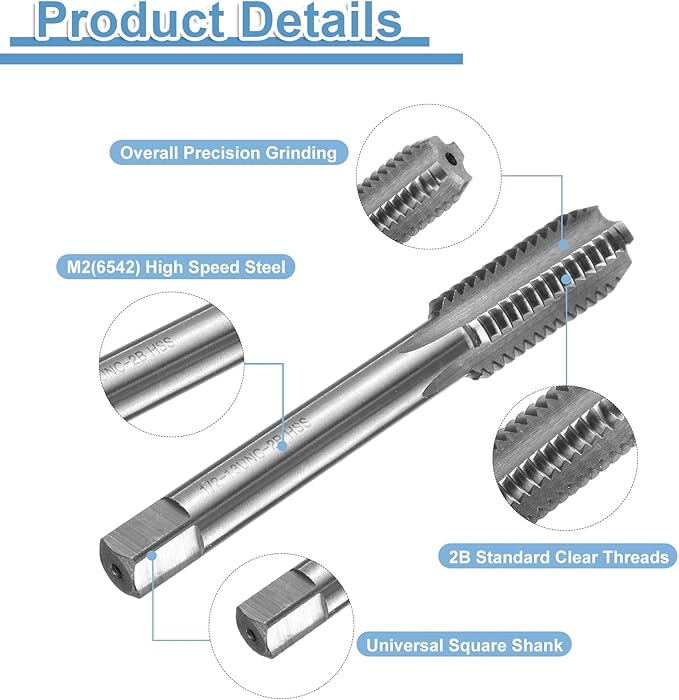 uxcell Hand Bottom Tap 1/2-13 UNC 2B Thread Bottoming Style Threading Taps High Speed Steel HSS6542 Straight Flutes Screw Tapping Tool