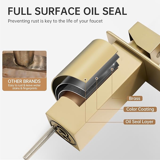 FRANSITON Black Waterfall Bathroom Faucet Lavatory Single Handle 1 or 3 Hole Bathroom Sink Faucet Washbasin Faucet with Deck and Pop-up Drain (Brushed Light Gold, Short)