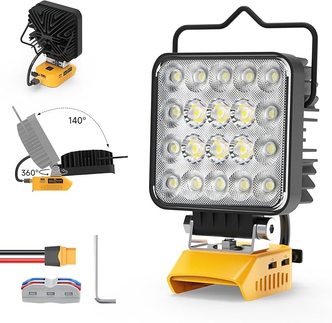 New Upgrade LED Work Light Compatible with Dewalt 20V Battery, 60W 6000LM Flashlight, 20V Battery Cordless Work Light with Low Voltage Protection & Dual USB & Type-C Charging Port (60W)