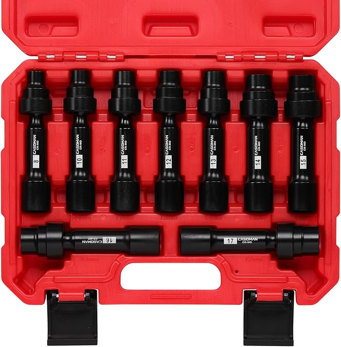 CASOMAN 9-Piece 1/2 Inch Drive Driveline Limited Clearance Socket Set, Deep Impact Swivel Socket Set, 12-Point, Metric, 8mm - 17mm, Cr-Mo Steel, with Heavy Duty Storage Case