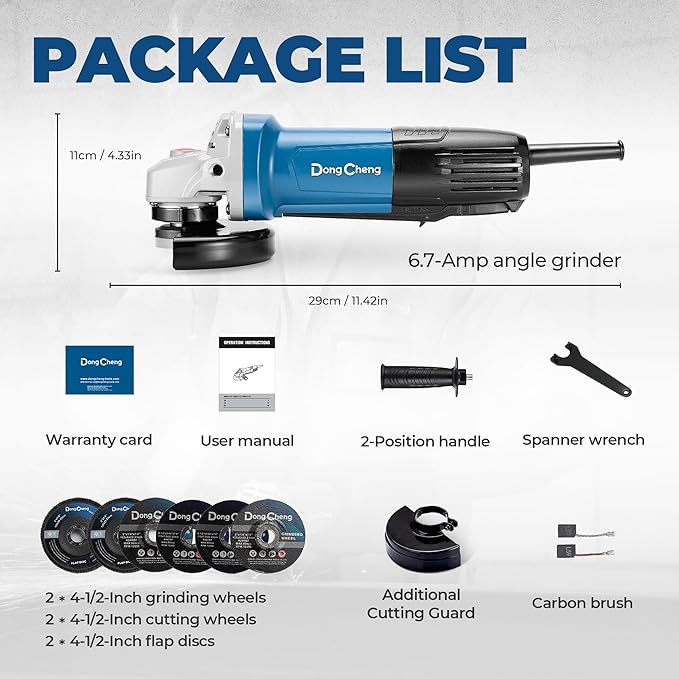 DongCheng Angle Grinder 4-1/2 inch 6.7-Amp Paddle Switch 11800RPM Power Electric Grinder Tools with Cutting & Grinding Wheels, Flap Discs, Auxiliary Handle for Metal & Rust Removal, Beginner-Friendly