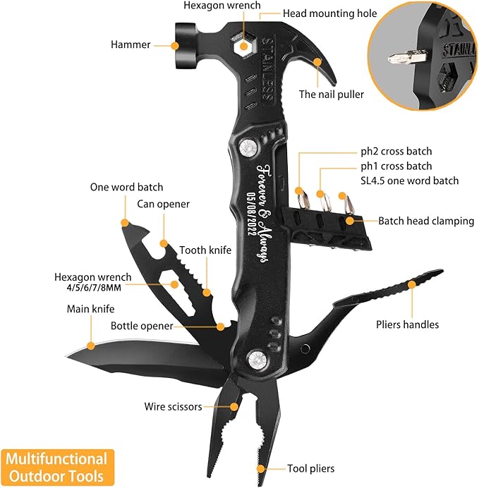 Custom Gadgets Gifts For Him, Dad, Fathers Day Tool Gifts From Daughter Son, Grandpa Gift, Valentines Anniversary Birthday Gift For Husband Boyfriend Fiancé, 14 In 1 Tools Mini Hammer Multitool