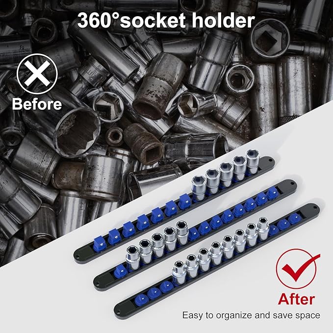 FivePears 3PCS 360째 Socket Organizer Twist Lock,3/8 1/4 1/2 Socket Storage Rails, Premium Quality Socket Holders for Tool Box 竊똖ool Carts竊똂ontains up to 40 Clips (Blue, Red and Black)
