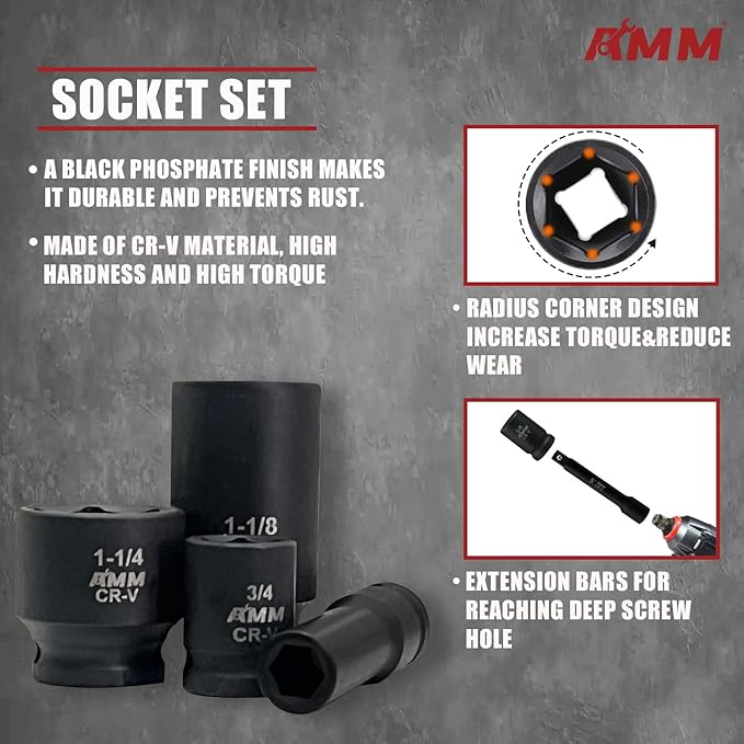 AMM 1/2-inch 66 Pieces Impact Socket Master Set, SAE & Metric from 5/16"-1-1/4",8-24mm, Shallow/Deep Socket Set with Ratched Hand, Extension Bar and Adapters竊똂r-V steel