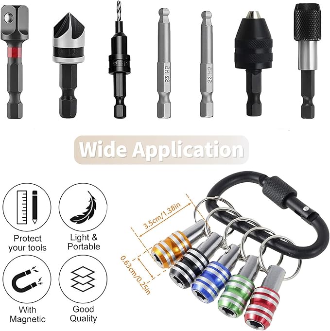 1/4 inch Hex Shank Bit Holder, 5pcs Quick Release Drill Bit Holder Keychain for Impact Driver, Portable Screwdriver Bits Holder, Aluminum Alloy, Color Coded - Gift for Men