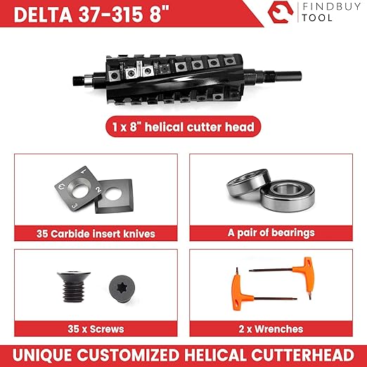 FINDBUYTOOL Helical Cutterhead for Delta 37-315 8" Jointer, 32 Carbide Inserts, Silent Operation and Tear-Free Surfacing