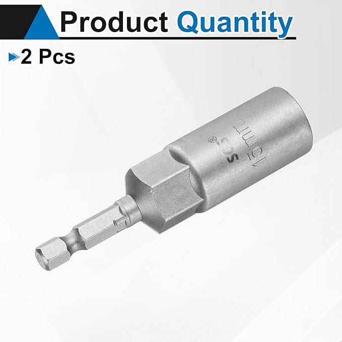 HARFINGTON 2pcs Nut Driver Drill Bit 15mm Metric Socket 1/4" Hex Shank 3.15" (80mm) Long 6-Point Sockets Quick Change CR-V Steel Bolt Setters for Power Drill Drivers