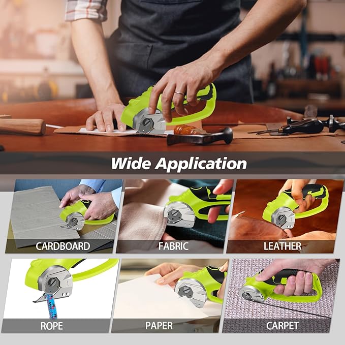 Cordless Electric Scissors, 4V Rechargeable Box Cutter & Cardboard Cutter with Titanium Blade, LED Light, Safety Lock - Rotary Cutter for Fabric, Leather, Carpet, Plastic, Crafting, Sewing (Green)