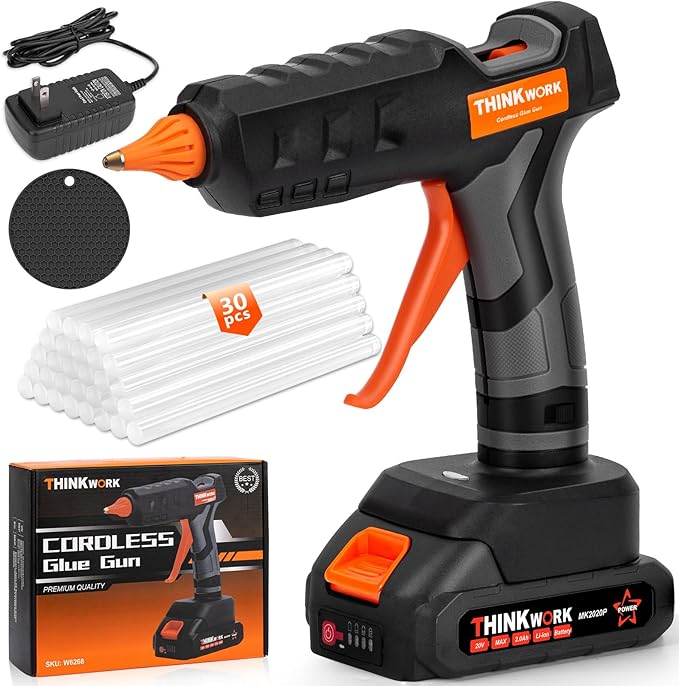 THINKWORK 20V Cordless Hot Glue Gun and Sticks Set, Rechargeable Glue Gun with 30 PCS Full Size Sticks and Battery, Fast Heating for Arts & Crafts, DIY Projects and Home Repairs
