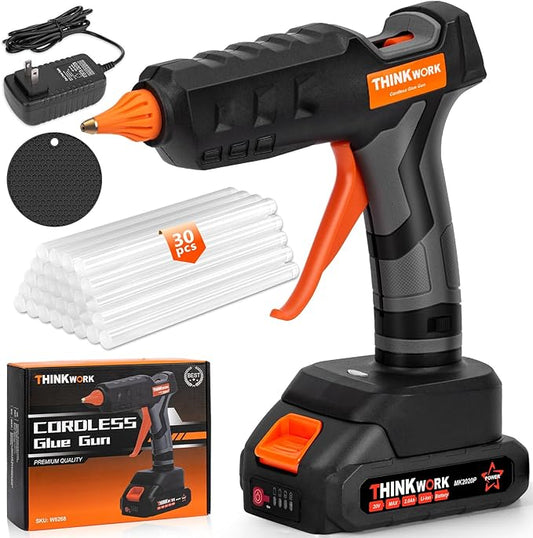 THINKWORK 20V Cordless Hot Glue Gun and Sticks Set, Rechargeable Glue Gun with 30 PCS Full Size Sticks and Battery, Fast Heating for Arts & Crafts, DIY Projects and Home Repairs
