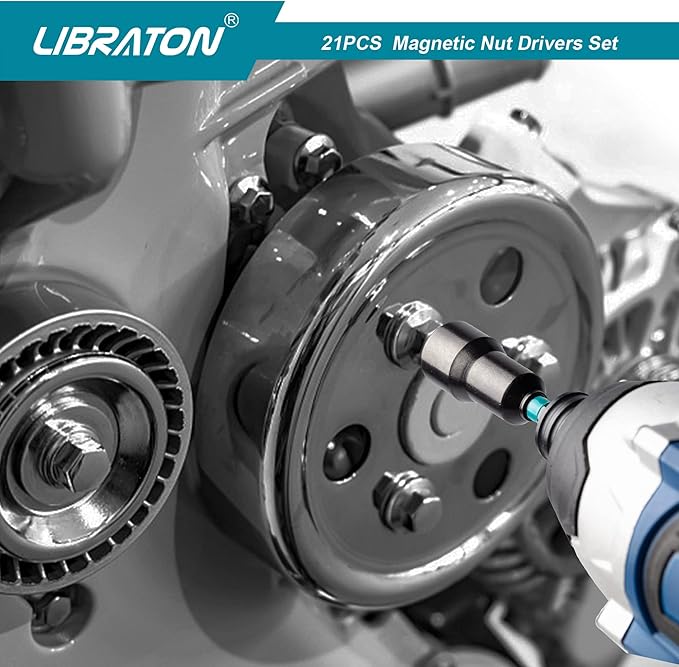 Libraton 21PCS Magnetic Nut Driver Set, Impact Drill Driver Bit Set 1/4", Metric and SAE Nut Driver, Impact Socket Adapters, Bit Holder, Quick-Release Extensions with Storage Bag