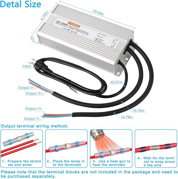 LED Driver 24V1000W Waterproof Power Supply AC90-130V to DC24V41.6A Switching Power Supply IP67 Converter Suitable for Outdoor LED Lighting and Any 24V DC Equipment
