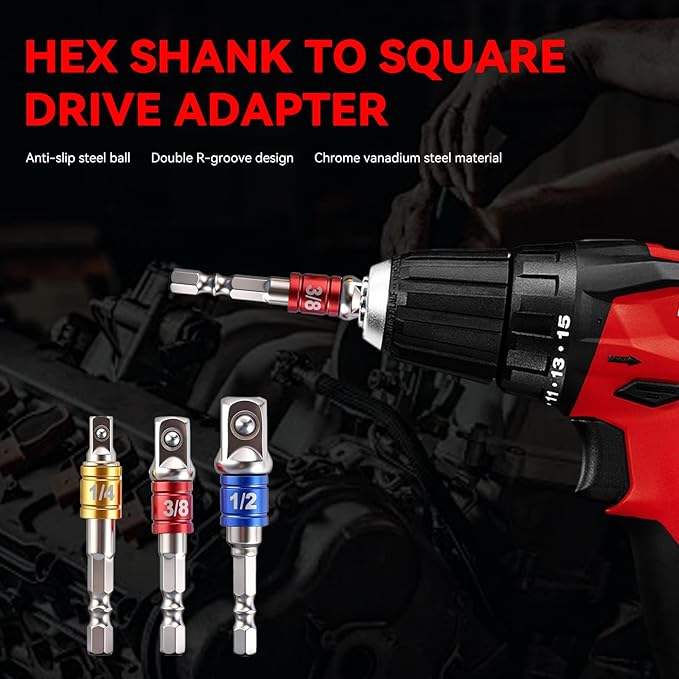 3PCS Hex Shank to Square Heavy Duty Socket Adapter Set, Impact Grade Drill Socket Adapter (1/4", 3/8", 1/2"), Anti-Slip Detent Ball, drill Attachments for Power Drill & Impact Driver