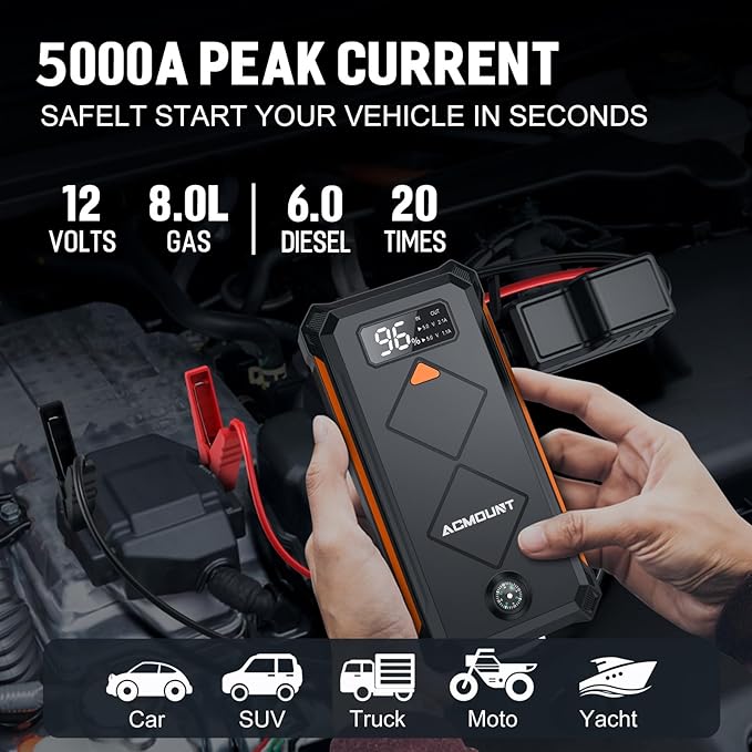 Acmount P110 Car Jump Starter, 5000A Peak Lithium Jump Starter Battery Pack for Up to 10.0L Gas or 8.0L Diesel Engine, Safe 12V Portable Battery Starter Power Pack with LED Screen & LED Light - Orange
