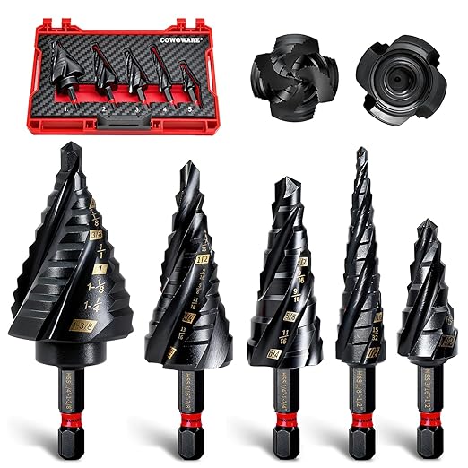 COMOWARE Step Drill Bit Set, 1/8"~1-3/8" 5PCS Four Spiral Flute Step Drill Bits for Metal, AlTIN Coated Step Bit with 1/4" Hex Shank for Metal, Stainless Steel, Aluminum, Wood, Plastic