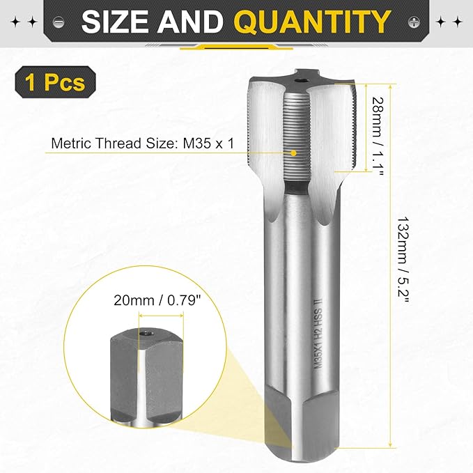 uxcell Hand Plug Tap M35 x 1 H2 Metric Thread Plug Style Taps Straight Flute Screw Tapping Threading Tool High Speed Steel HSS6542