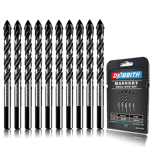 10-Piece 5/16??Masonry Drill Bits for Tile Glass Ceramic Wall Brick Stone Soft-Metal Wood, 5/16 Inch Concrete Drill Bits Cement Drill Bit Set, 3-Flat Shank, YG8 Carbide Tungsten Steel Alloy Tip 8mm