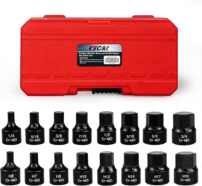 C&T 16 Piece 3/8-Inch Drive Low Profile Impact Hex Driver Set,SAE/Metric,1/4 Inch - 3/4 Inch, 6mm - 19mm, Cr-Mo Steel, Hex Bit Socket Set, Heavy Duty Storage Case