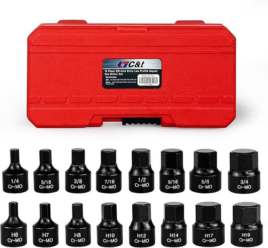 C&T 16 Piece 3/8-Inch Drive Low Profile Impact Hex Driver Set,SAE/Metric,1/4 Inch - 3/4 Inch, 6mm - 19mm, Cr-Mo Steel, Hex Bit Socket Set, Heavy Duty Storage Case