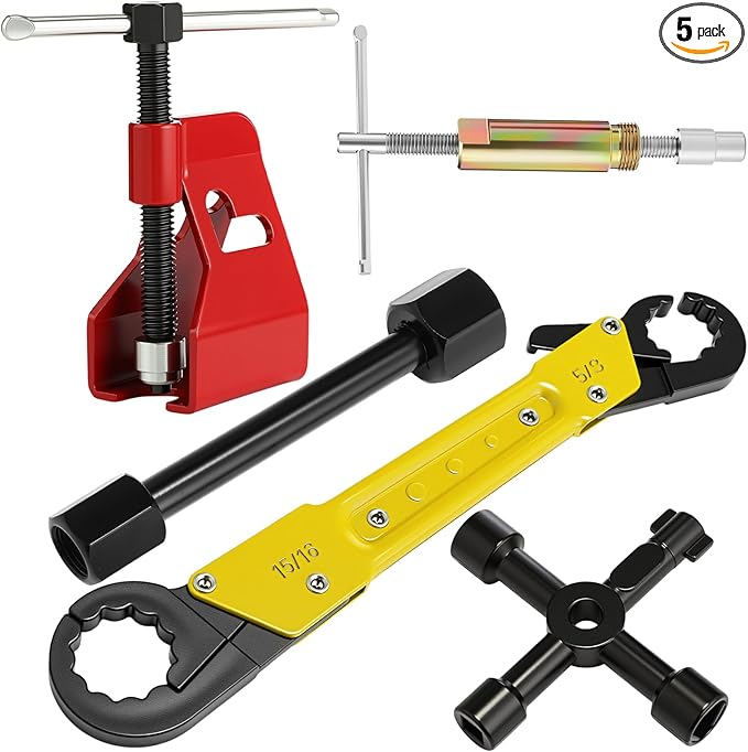 Lanties 5 Pcs Angle Stop Wrench Kit Plumbing Tool, Compression Sleeve Puller for 1/2" Compression Fitting Ferrule Puller Removal Tool for 1/2" Copper Tubing 4-way Multi-functional Utility Key(Yellow)
