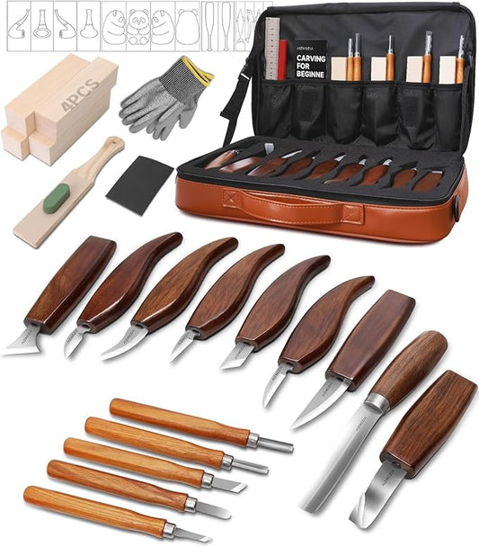 Wood Carving Kit, 30Pcs Wood Carving Tools Set with Leather Storage Bag, Deluxe Whittling Kit, 9 Wood Carving Knives 5 Chisels 4 Blocks Woodworking Tools for Beginners Enthusiasts Adults Gift