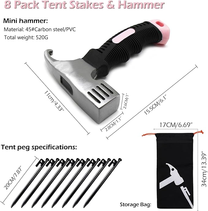 8 Pcs Tent Stakes and Camping Hammer – Heavy Duty Metal Lightweight Backpacking Tent Spikes with Small Hammer Kit for Women - Camp Mallet with Puller and Tent Pegs Bag for Tarp Canopy, Pink