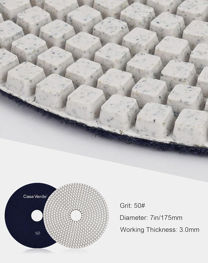 Casaverde Diamond Polishing Pads 7 Inch,Granite Polish Diamond Pads Grit 50 for Concrete Terrazzo Travertine Marble Floor Edges Countertop