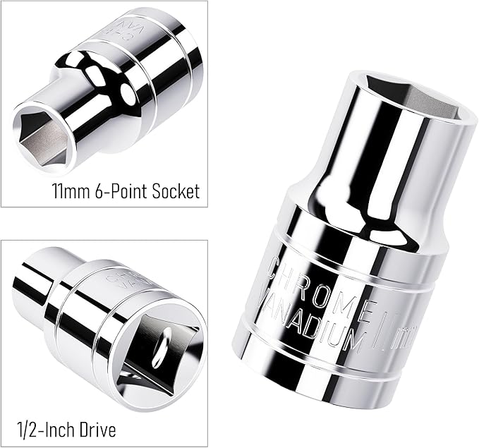 11mm Shallow Socket, 1/2 Inch Drive, 6-Point, Metric, Heat Treated CR-V Steel Short Sockets, Full Polishing, 1.5 Inch Length