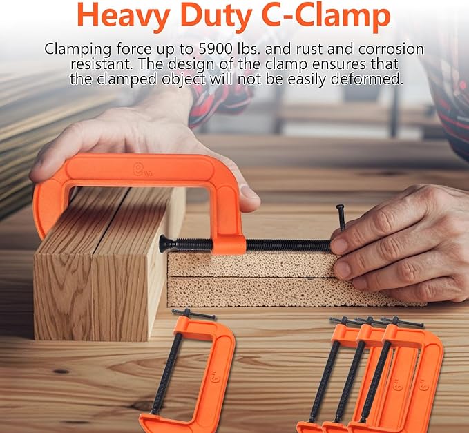 (4 PACK) C Clamps Set 6 Inch Heavy Duty Steel Iron Alloy Versatile G-Clamps, Orange