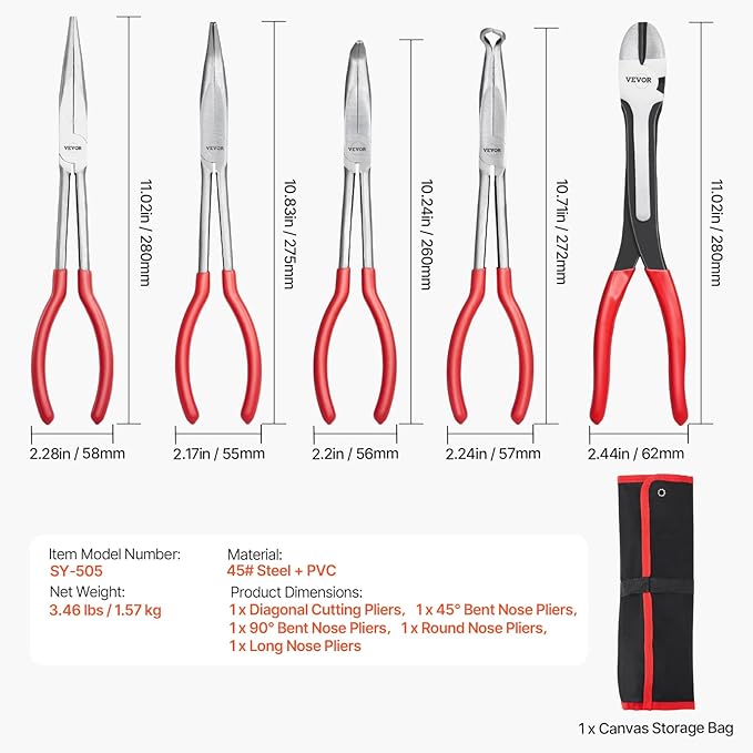 VEVOR 5-Piece Needle Nose Pliers, 11 in Long Needle Nose Pliers Set, Diagonal Cutting Pliers, 45째/ 90째 Bent Nose Plier, Round Nose Plier, Long Nose Plier, Professional Pliers Set with Storage Bag