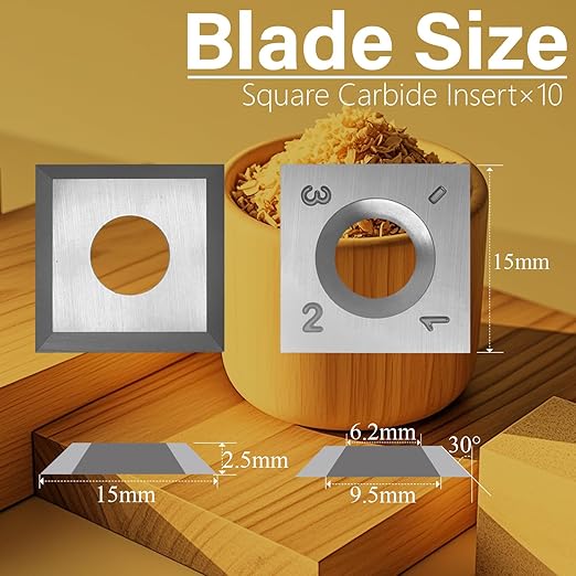 15mm Square Carbide Inserts Cutters Knives Blades 15횞15횞2.5mm-30째for Woodworking Spiral/Helical Planer Cutter Head or Lathe Turning 10pcs
