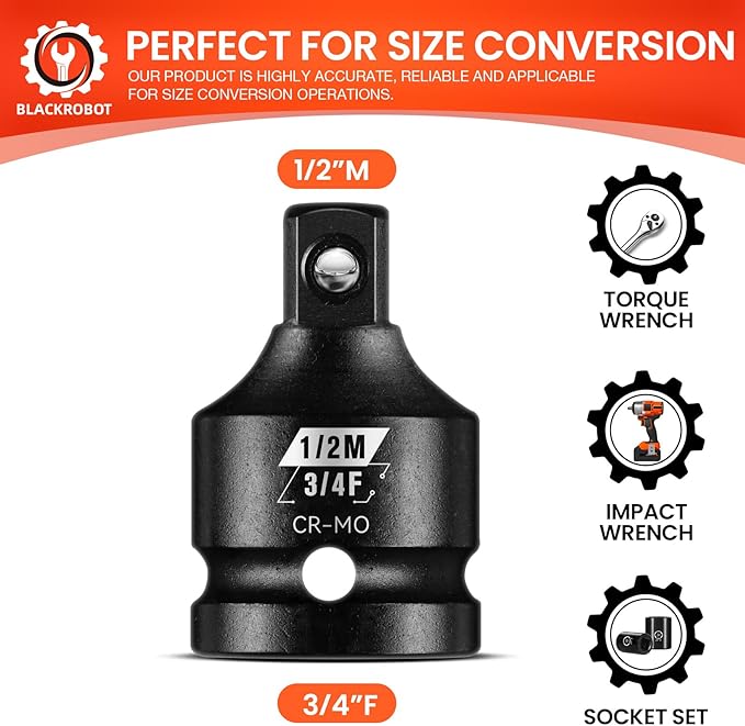 BLACKROBOT 3/4?쒯 To 1/2?쒶 Impact Socket Adapter, Cr-Mo Steel Exceeds ANSI Standards, Square Drive Reducer for Impact Driver Wrench