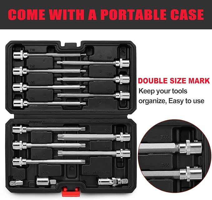 3/8" Drive Extra Long Torx Bit Socket Set,15-Piece T10-T60 Star Bit Socket Set S2 Alloy Steel Torx Bit 4.6" Length