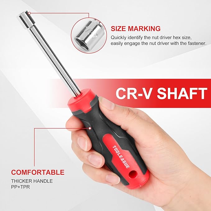 TOOLEAGUE 7Pcs SAE Nut Driver Set with 3-Inch Hollow Shaft,Pass Through Design,Nut Drivers Sizes 3/16, 1/4, 5/16, 11/32, 3/8, 7/16, 1/2-Inch for Hand-Making, Repair