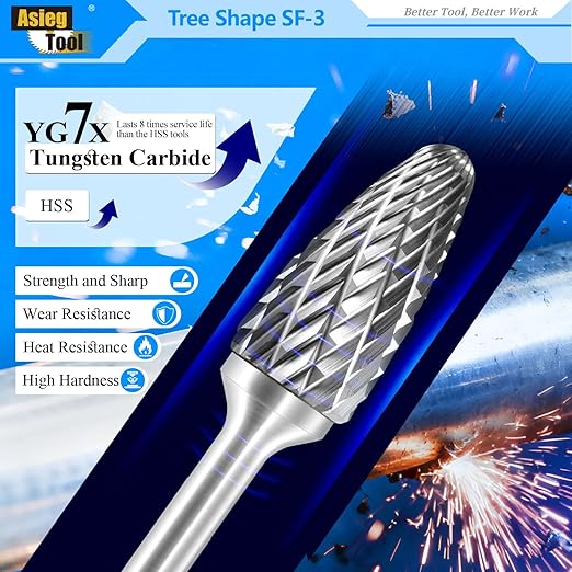 SF-3 Tungsten Carbide Burr Rotary File Tree Shape Radius End Shape Double Cut for Die Grinder Drill Bits 1/4'' Inch Diameter of Shank and 3/8'' Inch Diameter of Cutter 3/4'' Inch Cutter Length