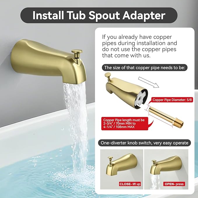 2 Handle Shower Faucet Set with Tub Spout 6-Spray Shower Head and Handle Set Shower Trim Kit with Rough-in Valve Bathroom Shower Faucet Valve Trim Kit Brushed Gold