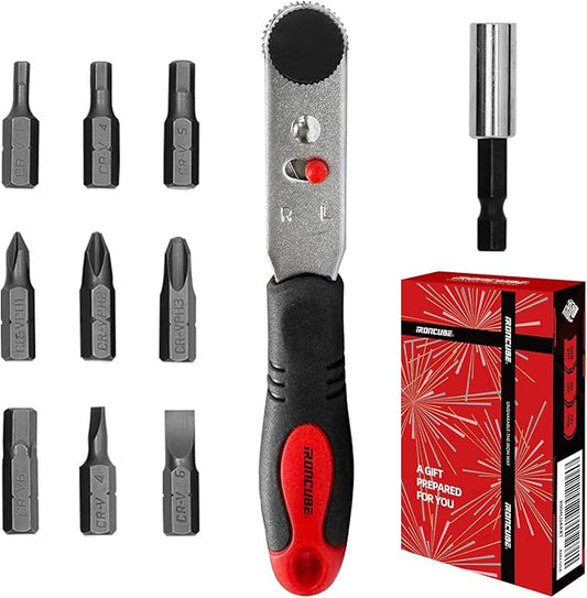 Angle Ratchet Screwdriver Set: 10 Piece Magnetic Bit with 90 degree Mini Offset Low Profile Reversible Drive Handle - Stocking Stuffers with Gift Box