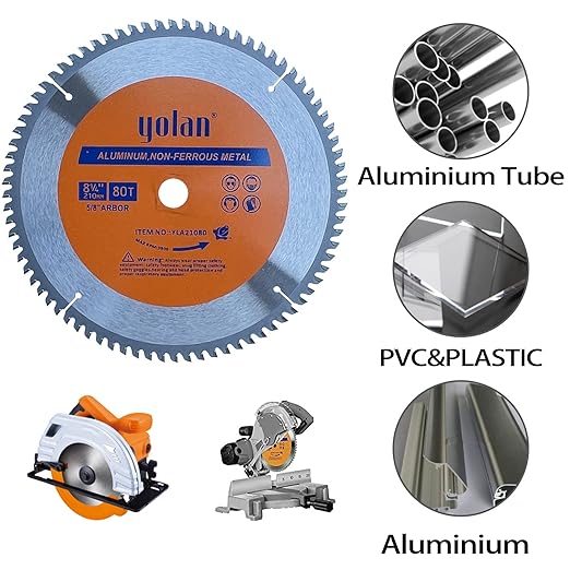 Yolan 8-1/4-Inch 80 Teeth Circular Saw Blade with 5/8-Inch Diamond Knockout Arbor, 8-1/4" Tungsten Carbide Tip for Cutting Aluminum, Non-Ferrous Metal Table Saw Accessories,Polished Miter Saw Blade