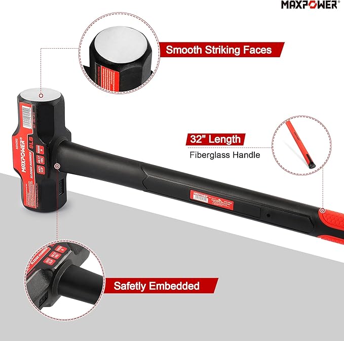 MAXPOWER 8lb Sledge Hammer, 32 inch Fiberglass Handle Length