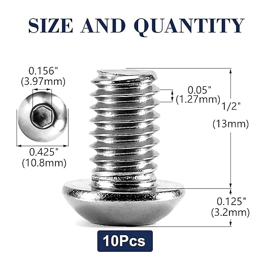 1/4-20 x 1/2" Button Head Socket Cap Bolts Screws, 10Pcs 304 Stainless Steel 18-8, Allen Hex Drive, Bright Finish by SG TZH(with Hex Spanner)