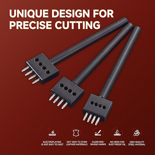 3Pcs Prong Punch Tool Set for Leather Crafts, 2/4/6 Prong Round Hole Tooth Punches, Ideal for DIY Diamond Lacing & Stitching, with 4MM Row Hole Punch - Essential Leather Craft Kit