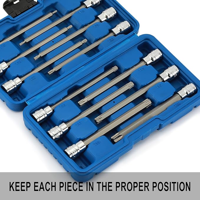 EMENTOL 12PCS 3/8" Drive Extra Long Torx Bit Socket Set, CR-V, S2 Steel, 5.9" Length Star Bit Socket Set, T10 - T60