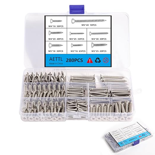 280PCS M5 M4 M3 Wood Screws Assortment Kit, Flat Head Stainless Steel Small Self Tapping Screw Assorted Set for Deck Door Cabinet