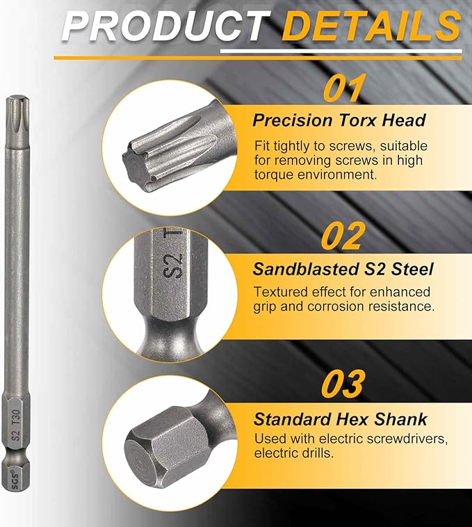 HARFINGTON 2pcs T30 Torx Head Screwdriver Bit 1/4" Hex Shank 4" (100mm) Long Magnetic No Hole Tip Tamper Proof 6 Point Star Screw Driver Drill Bits S2 Steel Industrial Power Screwdrivers