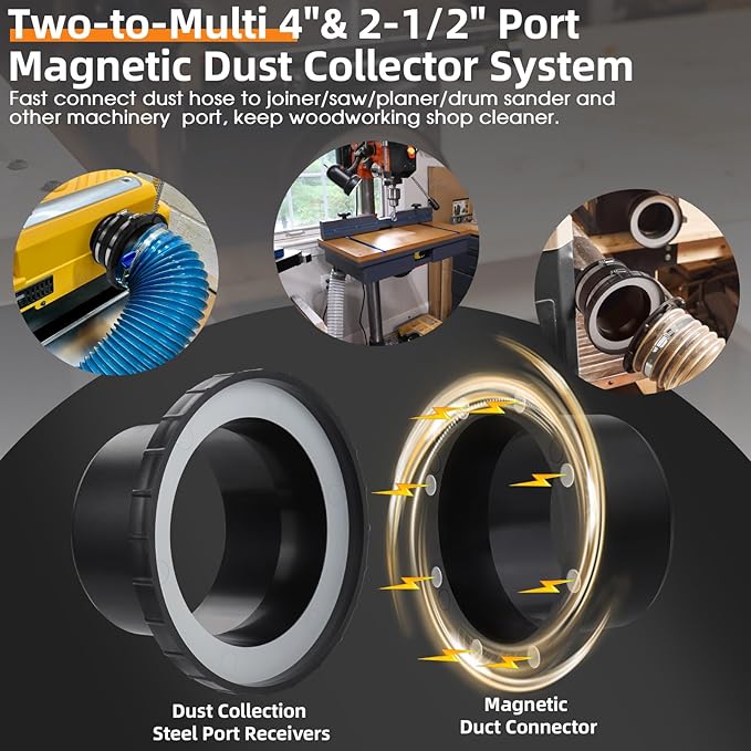 Magnetic Dust Collection Fittings for 4"&2-1/2??Dust Collectors Woodwork Shop Vacuum Hose,Two-to-Multi Magnetic Dust Collector System w/2PK Mag Connector+6Set 4"&2.5" Couplers,Quick Hose to 6 Machines